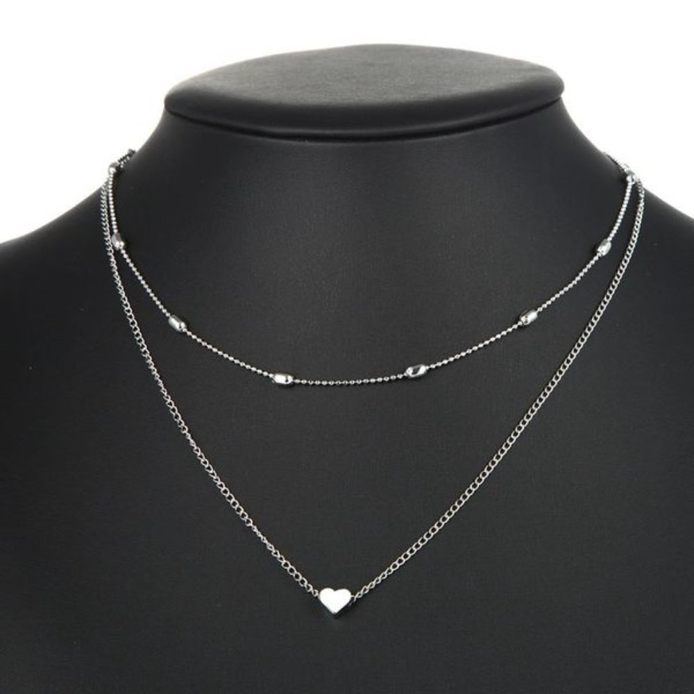 Boho Festival Heart Layered Silver Necklace Chain - Picture 3 of 8